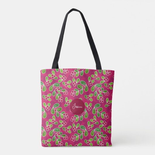 Feestelijk veenbessenbladerpatroon, Fuchsia Tote Bag (Achterkant)