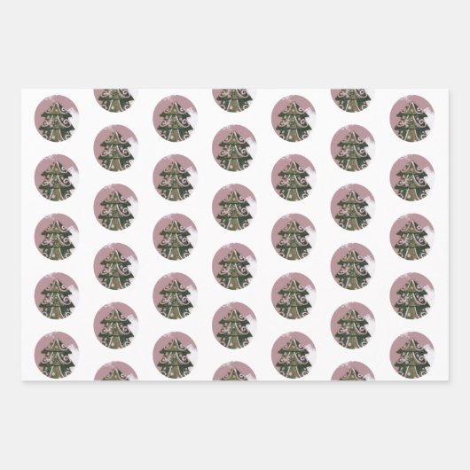 Feestelijk versierd kerstboom patroon inpakpapier vel (Voorkant 3)