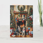 Feestelijk versierde kamer, open haard, katten, vi kaart (Achterkant)