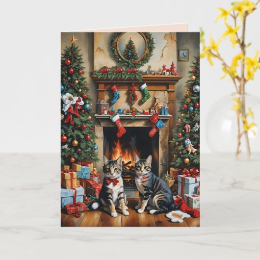 Feestelijk versierde kamer, open haard, katten, vi kaart (Gele Bloem)