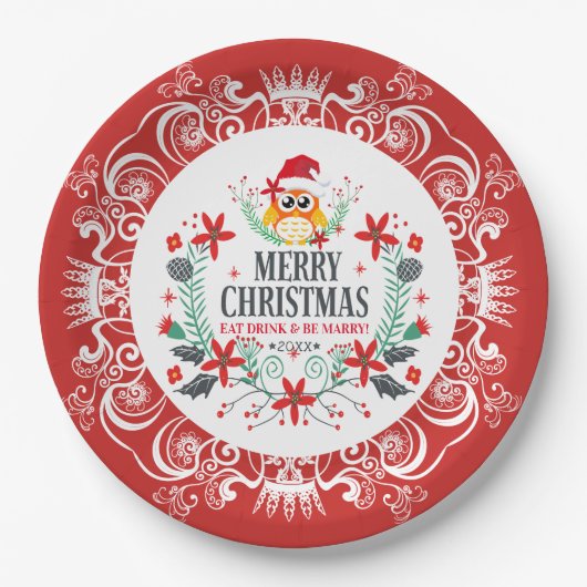 Feestelijk Vrolijk Kerstkrans & Wit Kroon Lijst Papieren Bordje (Voorkant)