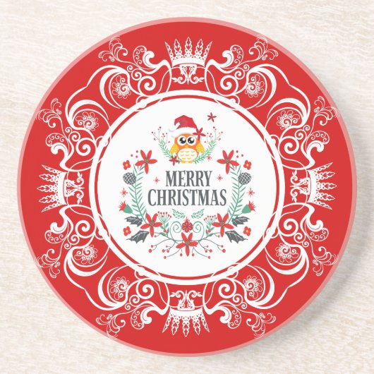 Feestelijk Vrolijk Kerstkrans & Wit Kroon Lijst Zandsteen Onderzetter (Voorkant)