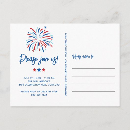 Feestelijk Vuurwerk 4 juli Feestuitnodiging Briefkaart (Achterkant)