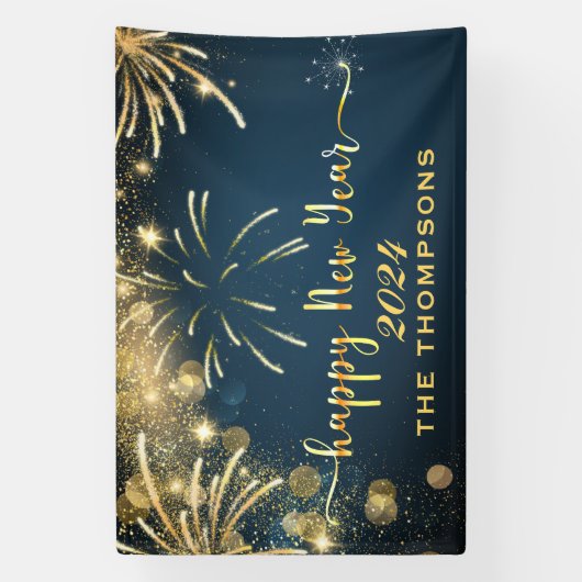 Feestelijk Vuurwerk Gelukkig Nieuwjaar Blauw en Go Spandoek (Verticaal)