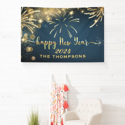 Feestelijk Vuurwerk Gelukkig Nieuwjaar Blauw en Go Spandoek (Insitu)