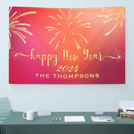 Feestelijk Vuurwerk Gelukkig Nieuwjaar Rood en Gou Spandoek (Beurs)