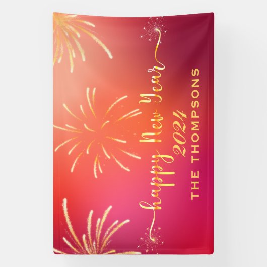 Feestelijk Vuurwerk Gelukkig Nieuwjaar Rood en Gou Spandoek (Verticaal)