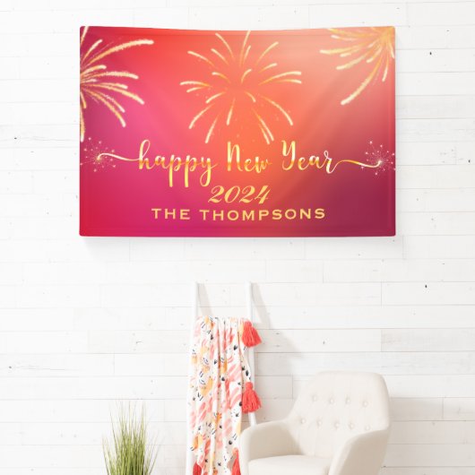 Feestelijk Vuurwerk Gelukkig Nieuwjaar Rood en Gou Spandoek (Insitu)