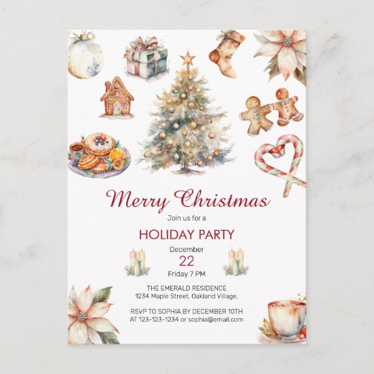 Feestelijk Waterverf Kerstfeest Uitnodiging Briefkaart (Voorkant)