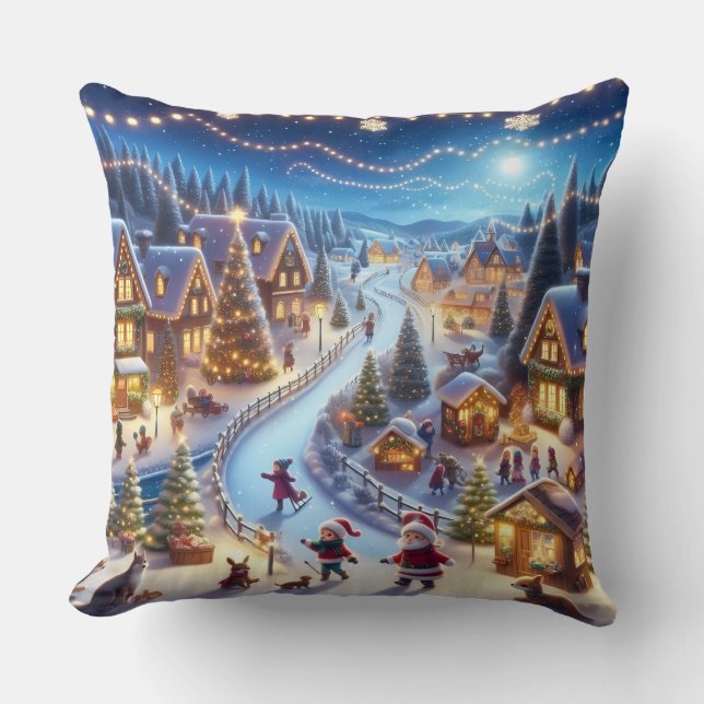 Feestelijk winter kerstdorp 's nachts kussen (Voorkant)