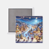 Feestelijk winter kerstdorp 's nachts magneet (Voorkant / Achterkant)