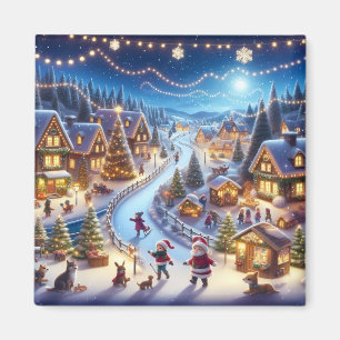 Feestelijk winter kerstdorp 's nachts magneet