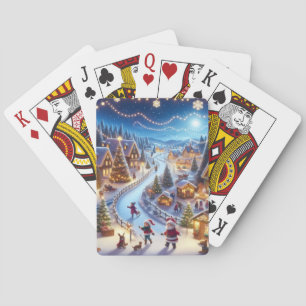 Feestelijk winter kerstdorp 's nachts pokerkaarten