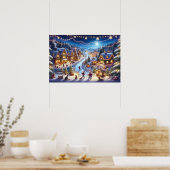 Feestelijk winter kerstdorp 's nachts poster (Keuken)