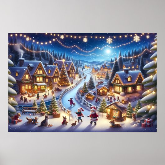Feestelijk winter kerstdorp 's nachts poster (Voorkant)