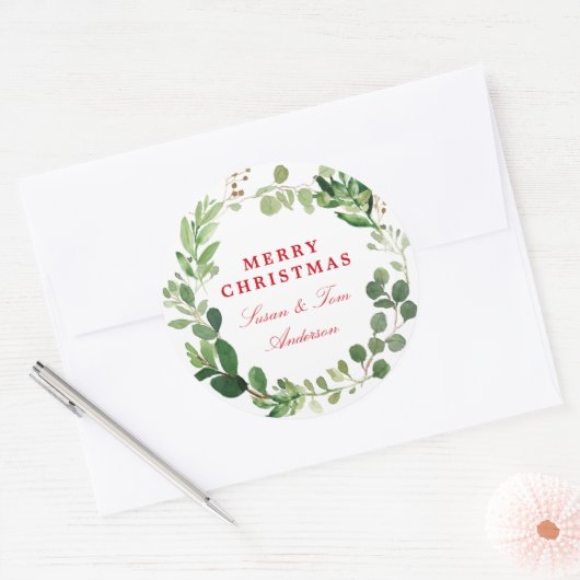 Feestelijk wintergroen | Vakantie Ronde Sticker (Envelop)