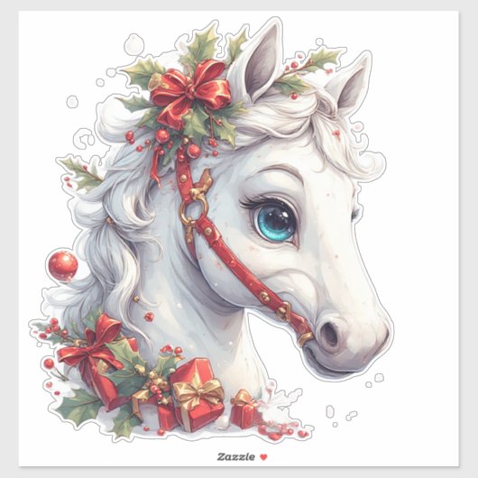Feestelijk wit paardenhoofd met rode teugel sticker (Vel)