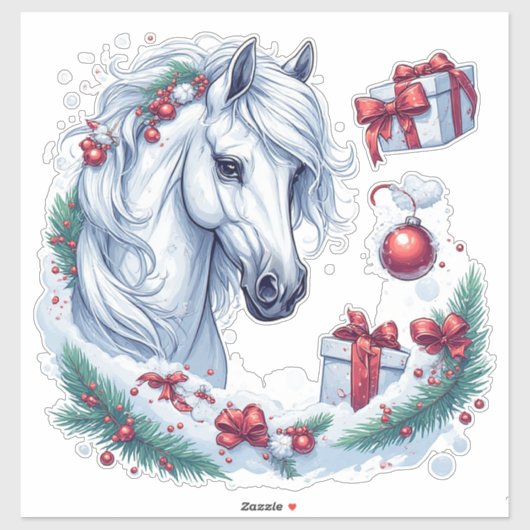Feestelijk wit paardenhoofd met rode teugel sticker (Vel)