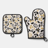 Feestelijk zwart goud bloemenpatroon ovenwant & pannenlap set (Voorkant)