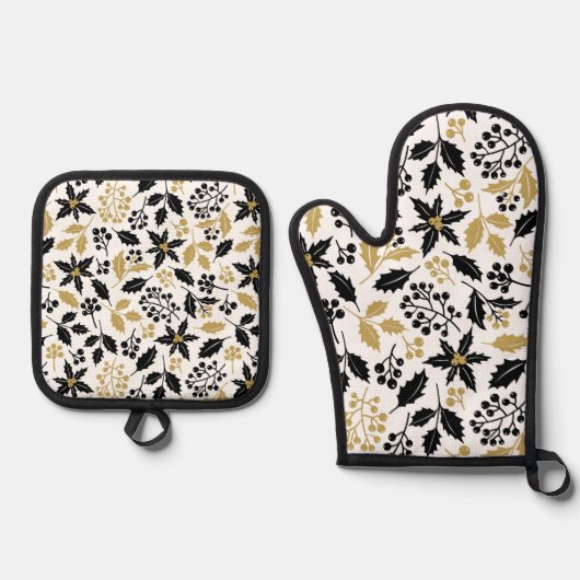 Feestelijk zwart goud bloemenpatroon ovenwant & pannenlap set (Voorkant)