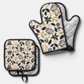 Feestelijk zwart goud bloemenpatroon ovenwant & pannenlap set (Voorkant / Achterkant)