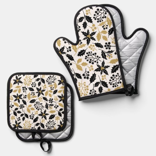 Feestelijk zwart goud bloemenpatroon ovenwant & pannenlap set (Voorkant / Achterkant)