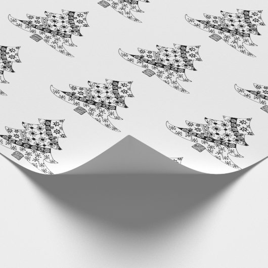 Feestelijk zwart-wit kerstboompatroon cadeaupapier (Hoek)