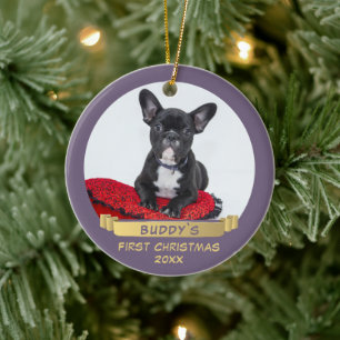 Feestelijke 1e kerst lint puppy huisdier foto keramisch ornament