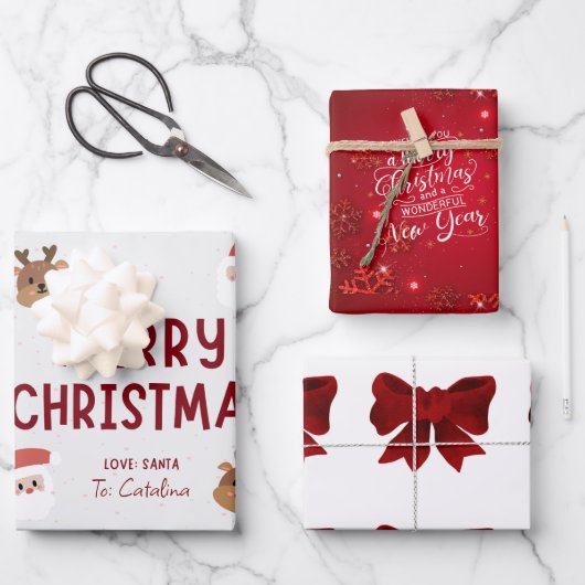 Feestelijke 3-Pack Kerstcadeau Wrap: Gepersonalise Inpakpapier Vel (Voorkant)
