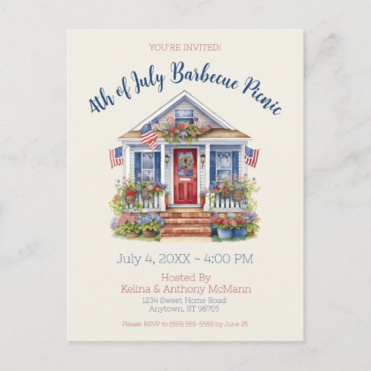 Feestelijke 4 juli barbecue picknick uitnodiging (Voorkant)