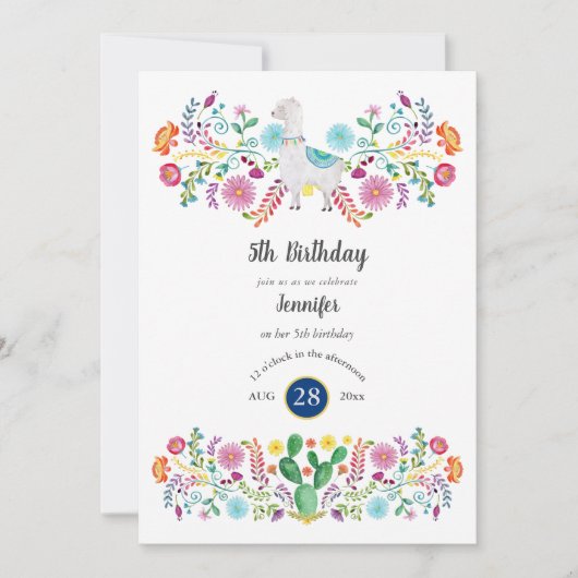 Feestelijke 5e verjaardag meisje FIESTA LLAMA Folk Kaart (Voorkant)