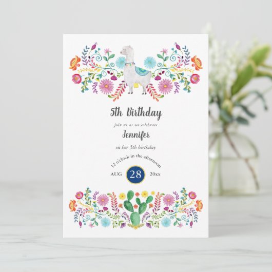 Feestelijke 5e verjaardag meisje FIESTA LLAMA Folk Kaart (Staand voorkant)