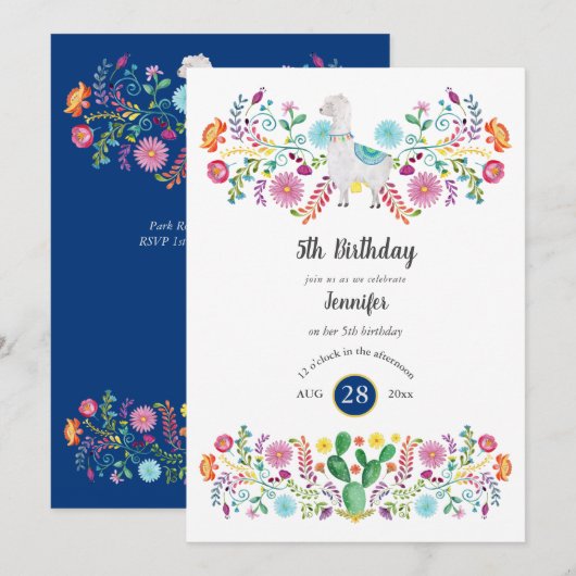 Feestelijke 5e verjaardag meisje FIESTA LLAMA Folk Kaart