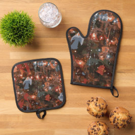 Feestelijke Abstracte Close-up kerstboomlichten Ovenwant & Pannenlap Set