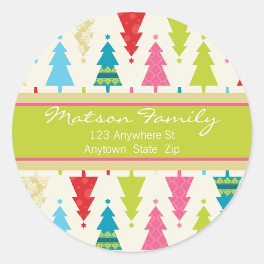 FEESTELIJKE ADRESETIKETTEN :: patternedxmastree 3 Ronde Sticker (Voorkant)