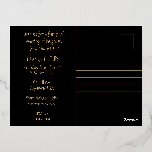 Feestelijke AF Kerstfeest Uitnodiging Zwart Goud (Achterkant)
