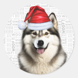 Feestelijke Alaskan Malamute Woof Word Art Kerstmi Ronde Sticker