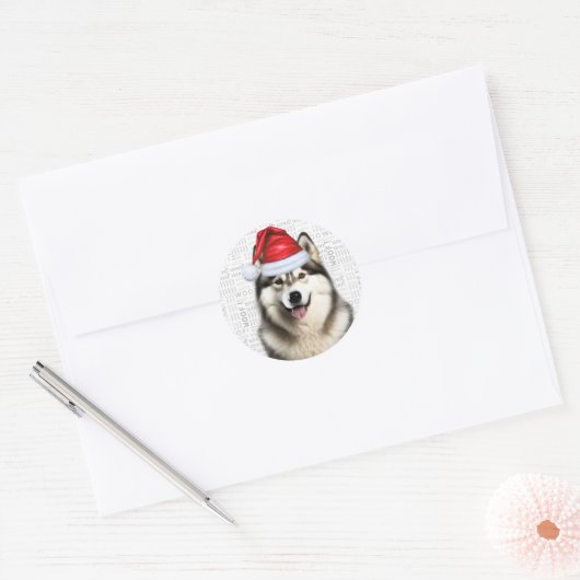 Feestelijke Alaskan Malamute Woof Word Art Kerstmi Ronde Sticker (Envelop)