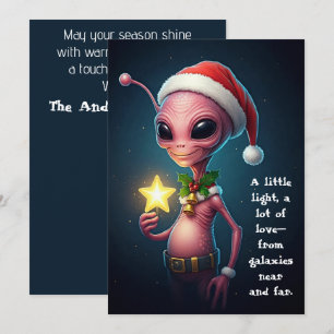 Feestelijke Alien met Glinsterende Ster – Kosmisch Feestdagenkaart