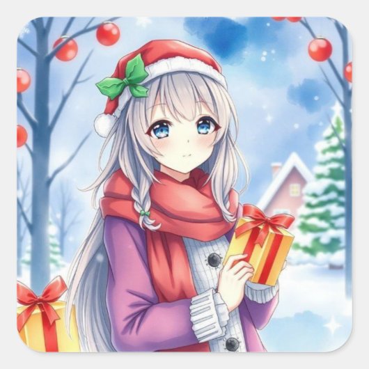 Feestelijke Anime Girl Kerstmis Vierkante Sticker (Voorkant)