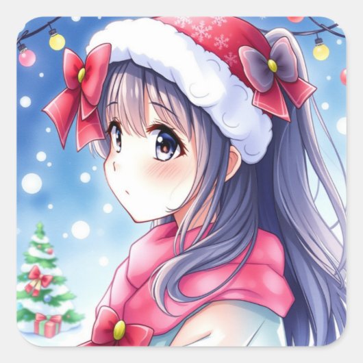 Feestelijke Anime Girl Kerstmis Vierkante Sticker (Voorkant)