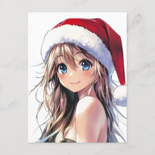 Feestelijke Anime Girl Santa Hat met felblauwe oge Briefkaart