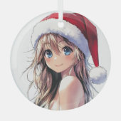 Feestelijke Anime Girl Santa Hat met felblauwe oge Glas Ornament (Voorkant)