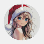 Feestelijke Anime Girl Santa Hat met felblauwe oge Glas Ornament (Achterkant)