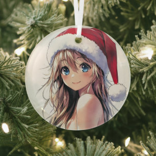 Feestelijke Anime Girl Santa Hat met felblauwe oge Glas Ornament