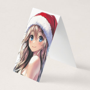 Feestelijke Anime Girl Santa Hat met felblauwe oge Kaart