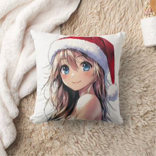 Feestelijke Anime Girl Santa Hat met felblauwe oge Kussen