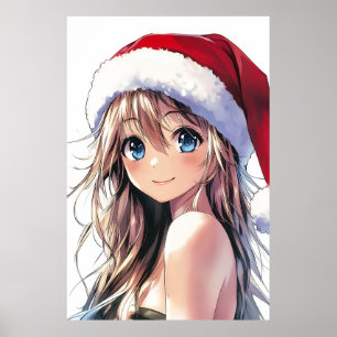 Feestelijke Anime Girl Santa Hat met felblauwe oge Poster
