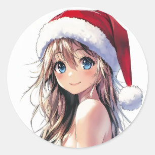Feestelijke Anime Girl Santa Hat met felblauwe oge Ronde Sticker