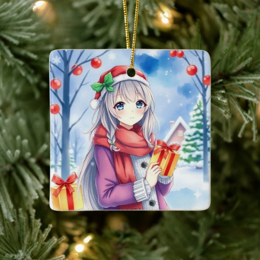 Feestelijke anime meisje in grillige dorp kerst keramisch ornament (Boom)